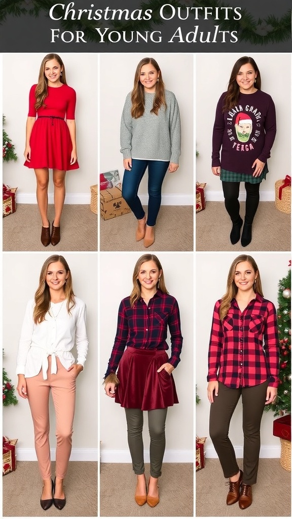 A collection of trendy Christmas outfits for young adults, showcasing various styles and accessories.